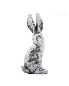 Dekor Deluxe figura sedečega velikonočnega zajca srebrne barve, ki gleda stran, visoka 12 cm, iz keramike.