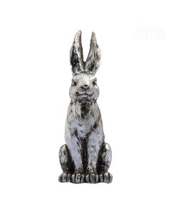 Dekor Deluxe figura sedečega velikonočnega zajca srebrne barve, ki gleda naprej, visoka 12 cm, iz keramike.