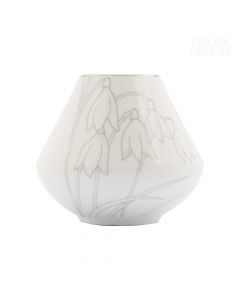 Dekor Deluxe ljubka majhna bela keramična vaza, visoka 6,5 cm, širša spodaj in ožja zgoraj, s sivim vzorcem zvončka.