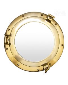 Okroglo kovinsko, stensko ogledalo zlate barve v obliki ladijskega okna z dvema vijakoma za odpiranje in zapiranje.   