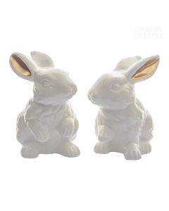 Dekor Deluxe Set dveh belih porcelanastih velikonočnih zajčkov za namizno dekoracijo z zlatimi ušesi 