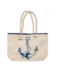 Lanena torba za na plažo bež barve z modro sliko sidra in ročaje iz ladijske vrvi.