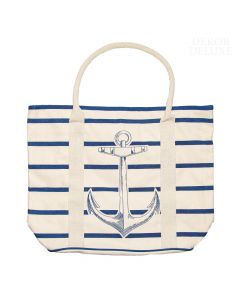 Lanena torba za na plažo bež barve z modrimi vodoravnimi črtami in modro sliko sidra. 