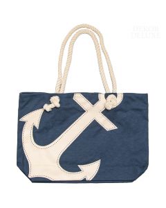 Lanena torba za na plažo temno modre in bež barve z motivom sidra in ročaji iz ladijske vrvi.  