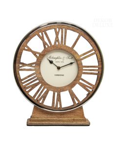 Dekor Deluxe Lesena Velika lesena namizna ura rjave barve na lesenem podstavku