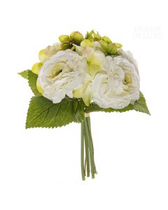 Dekor Deluxe umetne rože, manjši šopek iz belih vrtnic, rumeno-zelenih hortenzij in zelenih listov hortenzije.