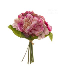 Umetne rože, manjši šopek svetlo-rozastih potonik, rožnato-rumenih hortenzij in  zelenih listov hortenzij.  