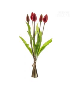 Dekor Deluxe Šopek rdečih tulipanov z zaprtimi cvetovi in svetlo zelenimi listi 