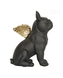 Dekor Deluxe črna figura sedečega psa - francoskega buldoga, z zlatimi krili, iz umetne mase, visoka 16 cm in široka 9 cm.