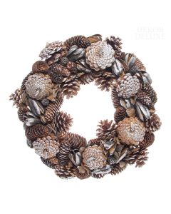 Dekor Deluxe Božični okrasni venček rjavo-srebrne barve iz borovih, smrekovih storžev.