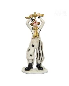 Dekor Deluxe - Figura klovna v beli obleki s črnimi pikami, velikimi čevlji in zlato mašno okoli vratu