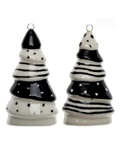 Dekor Deluxe Božični okraski v obliki keramičnih smrek črno-bele barve poslikane s pikicami in črtami.   