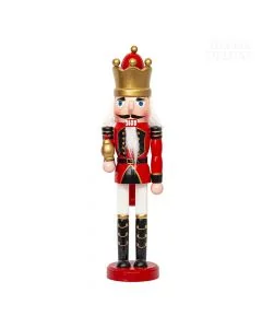Dekor Deluxe Figura vojaka hrestača v  rdeče črni uniformi z velikim klobukom belo brado in lasmi in s palico v roki.