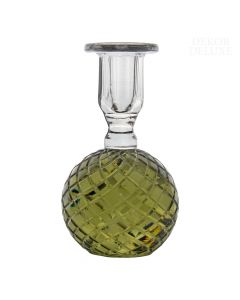 Dekor Deluxe Steklen svečnik v obliki zelene krogle s spiralnimi gravurami in s prozornim podaljškom za vstavljanje sveče