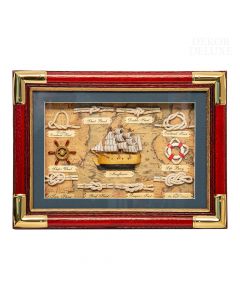 Dekor Deluxe prikaz jadrnice Mayflower, 8 mornarskih vozlov, reševalnega obroča in ladijskega krmila na ozadju z zemljevidom in z rjavim lesenim okvirjem, 38 x 28 cm.