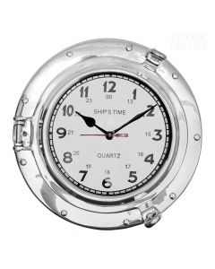 Dekor Deluxe Okrogla kovinska ura v obliki ladijskega okna z vijaki za odpiranje in zapiranje v srebrni barvi