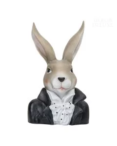 Dekor Deluxe Figura zajčka v črnem plašči, beli srajci in s pikčasto mašno okoli vratu.