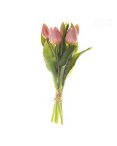 Dekor Deluxe - šopek sedmih umetnih rož tulipanov z rozastimi cvetovi in zelenimi listi s poudarkom na detajlih.
