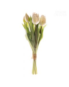 Dekor Deluxe Šopek sedmih umetnih rož tulipanov z belimi cvetovi in zelenimi listi s poudarkom na detajlih.