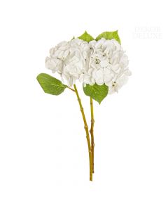 Dekor Deluxe - umetne rože, šopek dveh velikih belih hortenzij z razkošnimi cvetovi, velikimi zelenimi listi in močnim steblom.
