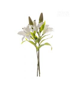 Dekor Deluxe Umetne rože set treh lilij, vsaka z enim zaprtim zelenim cvetom in enim odprtim belimi cvetom, zelenimi stebli in listi 
