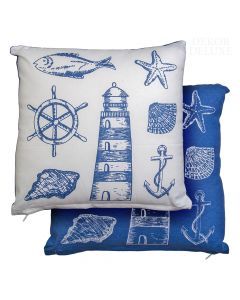Dekor Deluxe - Belo modri okrasni vzglavnik z morskimi motivi rib, školjk, svetilnika in ladijskega krmila  