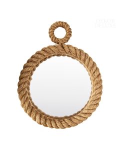 Dekor Deluxe okroglo ogledalo višine 56 cm, obdano s pleteno vrvjo naravnega izgleda.