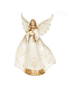 Dekor Deluxe keramična figura angela z zvezdo bele barve z zlatimi dodatki višine 22 cm.