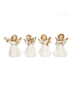 Dekor Deluxe set figur štirih angelov iz keramike bele barve s pozlačenimi dodatki višine 9 cm.