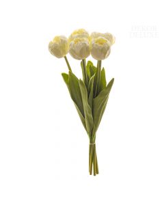 Dekor Deluxe Umetne rože šopek petih tulipanov z belimi cvetovi in zelenimi listi in stebli visok 43 cm 