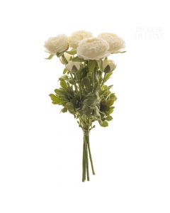 Dekor Deluxe Umetne rože šopek štirih ranunkul z belimi cvetovi in zelenimi listi in stebli  