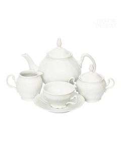 Dekor Deluxe 15 delni čajni servis bele barve iz vrhunskega porcelana z reliefnimi dekoracijami.