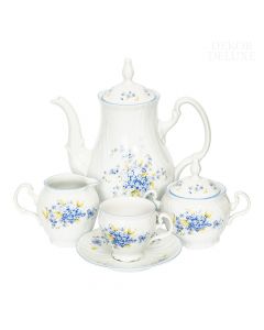 Dekor Deluxe 15 delni kavni servis bele barve iz vrhunskega porcelana s poslikavo s spominčicami.