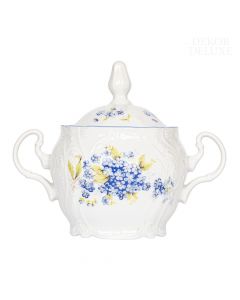 Dekor Deluxe posoda za sladkor bele barve iz vrhunskega porcelana s poslikavo s spominčicami.