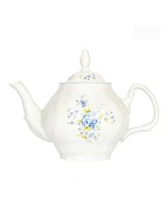 Dekor Deluxe čajnik 1,2 L s pokrovom bele barve iz vrhunskega porcelana s poslikavo s spominčicami.