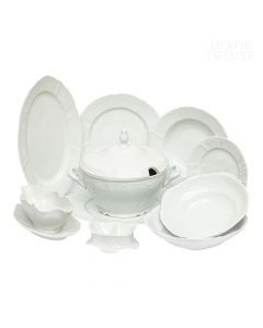 Dekor Deluxe 25 delni jedilni servis bele barve iz vrhunskega porcelana z nežno reliefno dekoracijo.