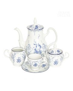 Dekor Deluxe 15 delni kavni servis bele barve iz vrhunskega porcelana s poslikavo modrega cvetja.