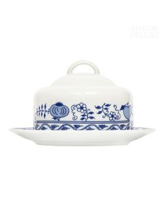 Dekor Deluxe posoda za maslo s pokrovom iz belega porcelana s poslikavo s čebulnim vzorcem.