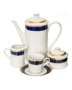 Dekor Deluxe 15 delni kavni servis z zlatimi linijami z vzorcem v kombinaciji z modro barvo iz vrhunskega porcelana.