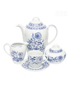 Dekor Deluxe 15 delni kavni servis bele barve iz vrhunskega porcelana z modro poslikavo čebulnega vzorca.