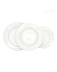 Dekor Deluxe 18 set krožnikov bele barve iz vrhunskega porcelana s subtilnimi reliefnimi ornamenti.