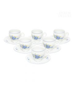 Dekor Deluxe set šestih skodelic iz vrhunskega belega porcelana s krožnikom s tradicionalno poslikavo s spominčicami.