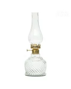 Dekor Deluxe namizna svetilka elegantne klasične oblike s prozornim podnožjem in zlatimi ornamenti.