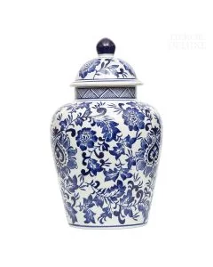 Dekor Deluxe posoda s pokrovom z razkošno poslikavo cvetja v tradicionalni modri barvi.