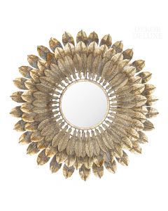 Dekor Deluxe prestižno okroglo ogledalo v zlati barvi, obkroženo s peresi v treh vrstah.