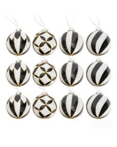 Dekor Deluxe set dvanajstih steklenih božičnih krogel v črno beli barvi z zlatimi dodatki za okraševanje.