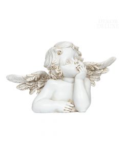 Dekor Deluxe doprsna figura zamišljenega angela s pogledom navzgor v beli barvi z reliefno izrezanimi detajli.