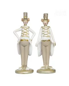 Dekor Deluxe set dveh živalskih figur v obliki miši v uniformah bele in bež barve z zlatimi dodatki.