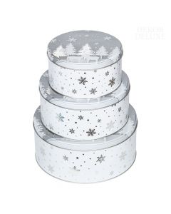 Dekor Deluxe set treh okroglih kovinskih škatlic s pokrovom z zimsko poslikavo v beli, sivi in srebrni barvi.