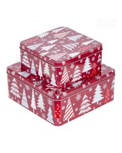Dekor Deluxe set dveh kvadratnih kovinskih škatlic s potiskom z božičnimi drevesi v rdeči barvi.